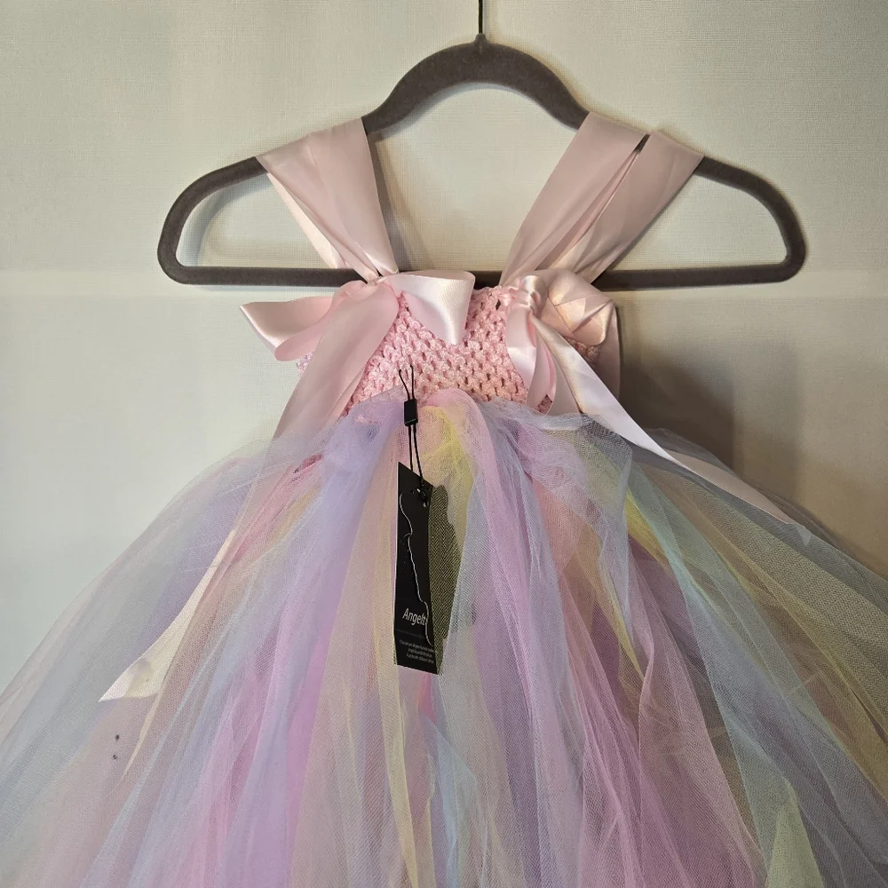 ANGEL TUTU Girls Pastel Floral Tulle Dress With Satin Flower Embellishments